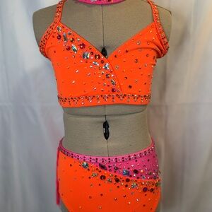 Sparkling Orange and Pink Kids Dance Costume, child size 7, brand new